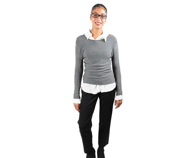 woman wearing cropped black Ponte pant with gray sweater