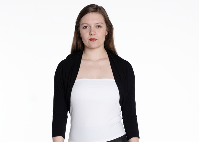woman wearing a black three-quarter sleeve bamboo shrug