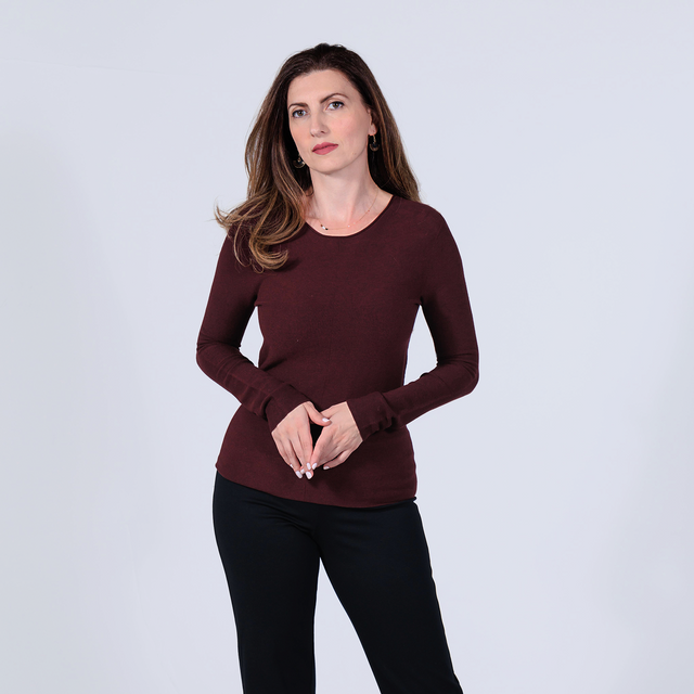 women wearing bordeaux long-sleeve cellulosic knit pullover sweater