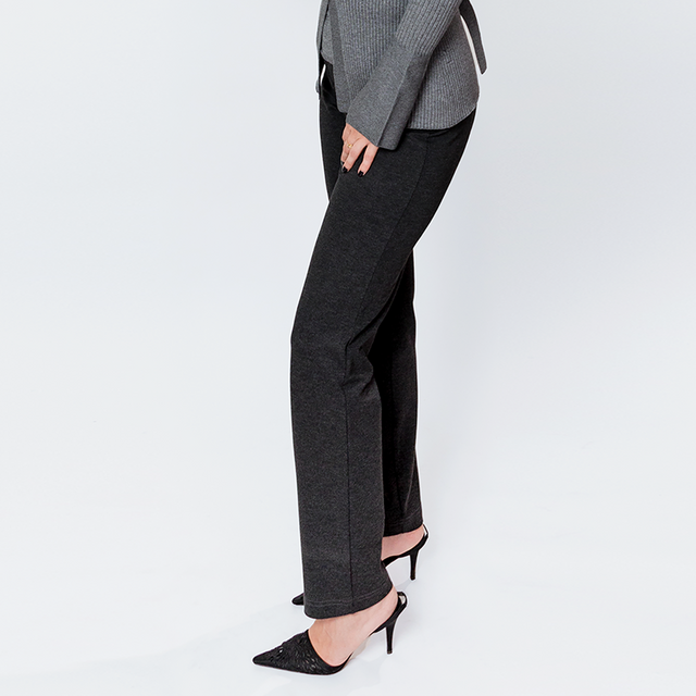 woman wearing standard length charcoal grey ponte pant