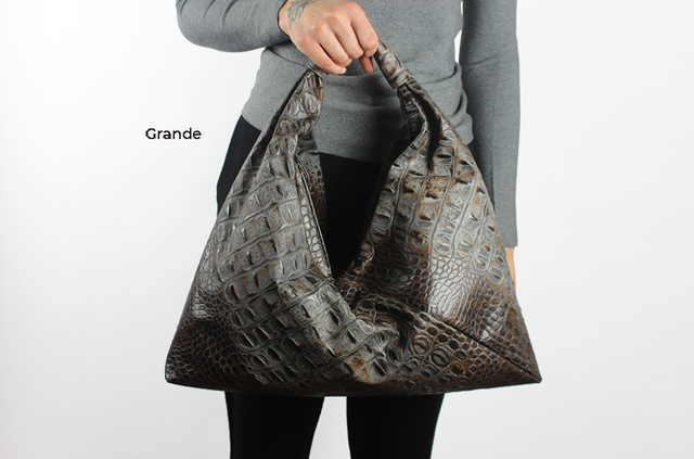 brown embossed crocodile 18" x 18" leather hobo bag