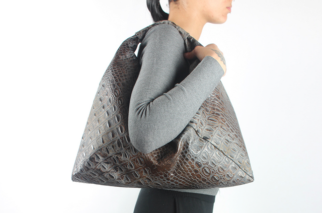 brown embossed crocodile 18" x 18" leather hobo bag