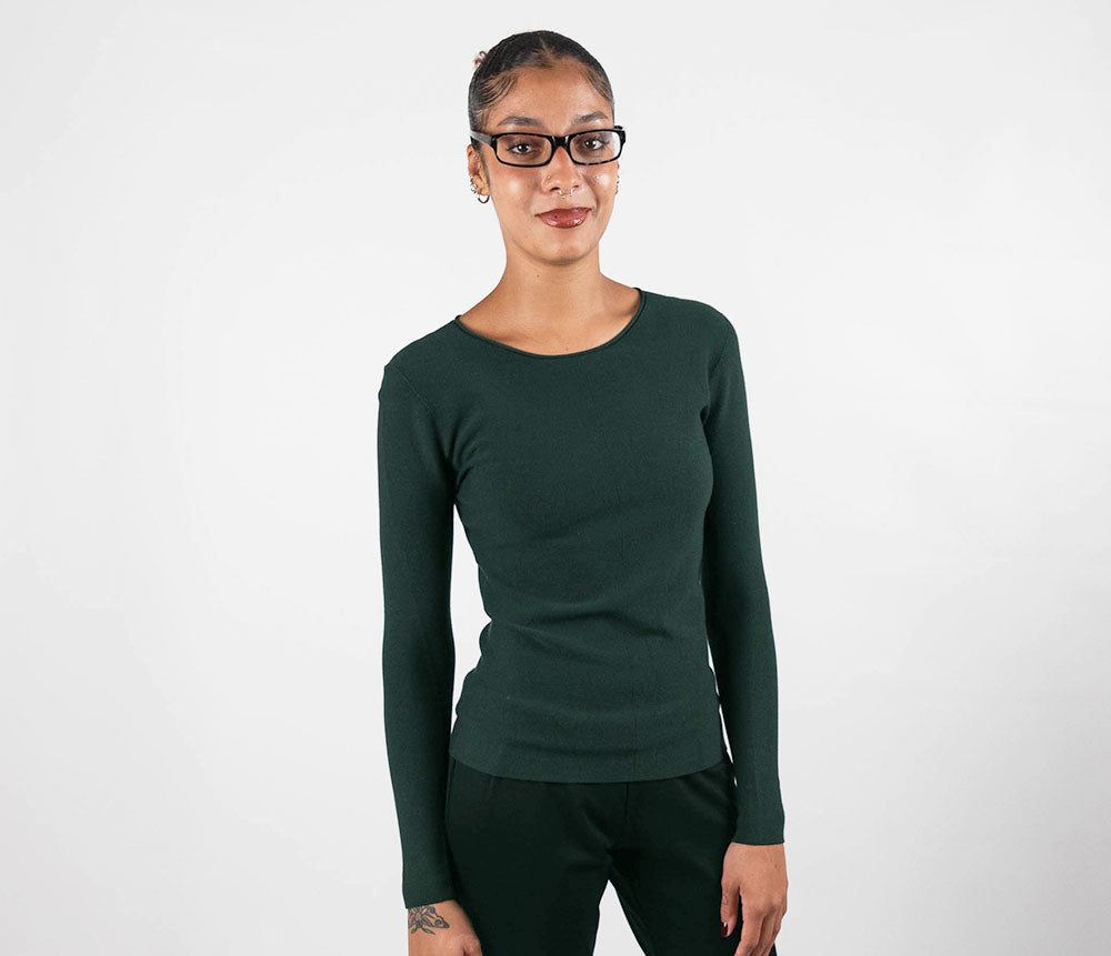 green long-sleeve cellulosic knit pullover sweater