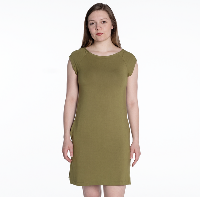 woman wearing a olive raglan cap sleeve bamboo knee length dress