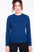 woman wearing cobalt blue pointelle sweater