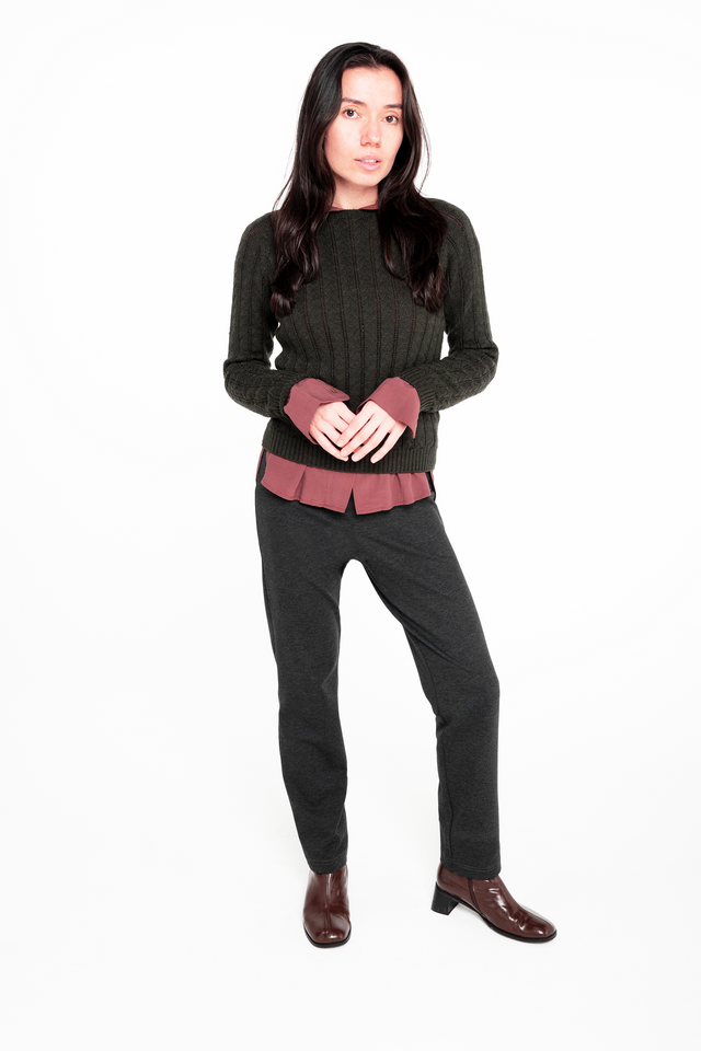 woman wearing standard length charcoal grey ponte pant
