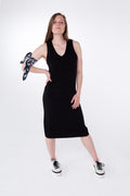 black v-neck egyptian cotton midi knit dress