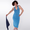 sky blue v-neck egyptian cotton midi knit dress