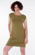 woman wearing a olive raglan cap sleeve bamboo knee length dress