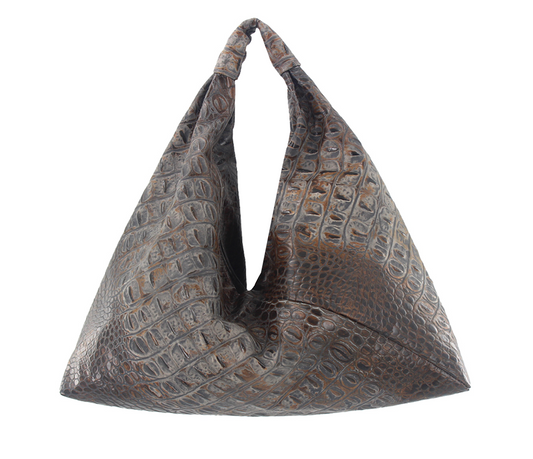 brown embossed crocodile 18" x 18" leather hobo bag