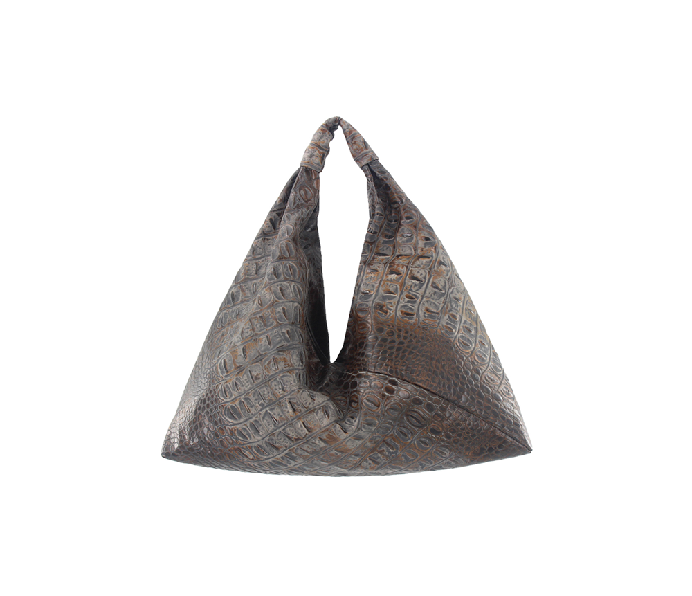 brown embossed crocodile 13" x 13" leather hobo bag