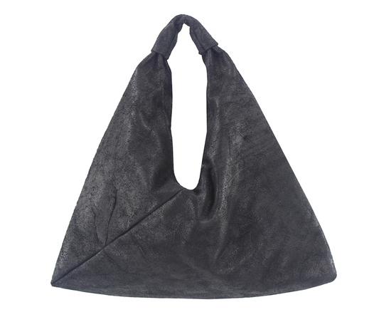 crackled black 18" x 18" leather hobo bag