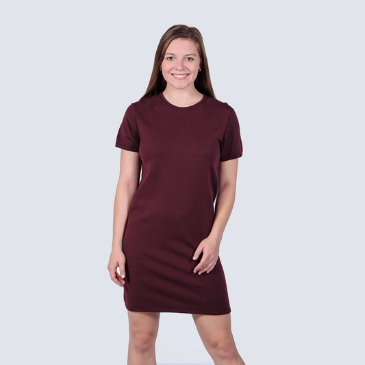 woman wearing a bordeaux boxy cellulosic knit t-shirt dress