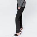 woman wearing standard length charcoal grey ponte pant