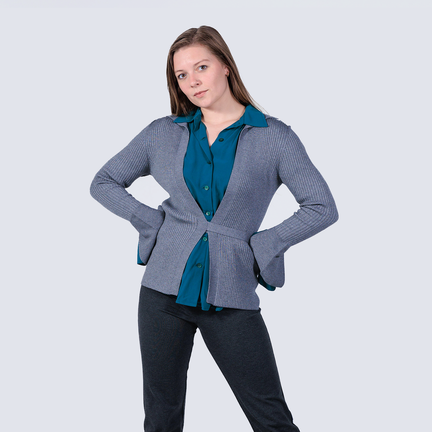 woman wearing a grey tie-back cellulosic knit cardigan