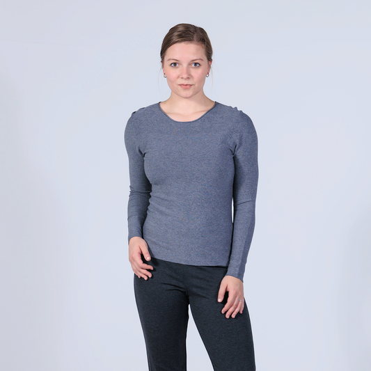 women wearing stone grey long-sleeve cellulosic knit pullover sweater