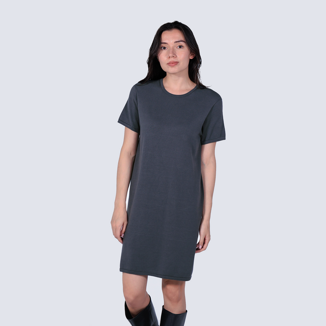 woman wearing a slate grey boxy cellulosic knit t-shirt dress