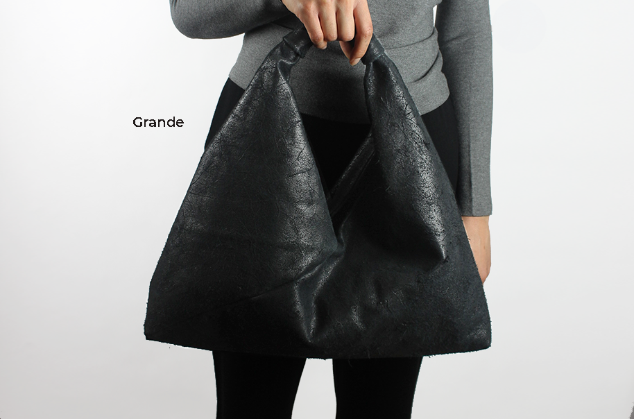 crackled black 18" x 18" leather hobo bag